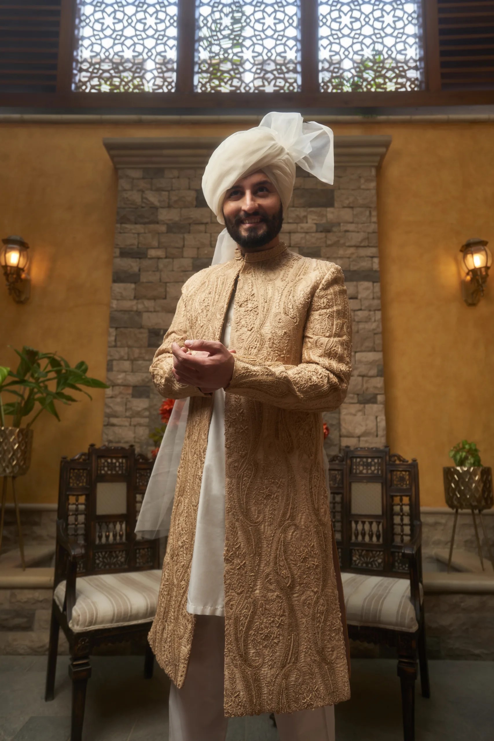 Saffron Golden Embroidered Silk-Blend Groom Sherwani (3-Piece) - Image 3