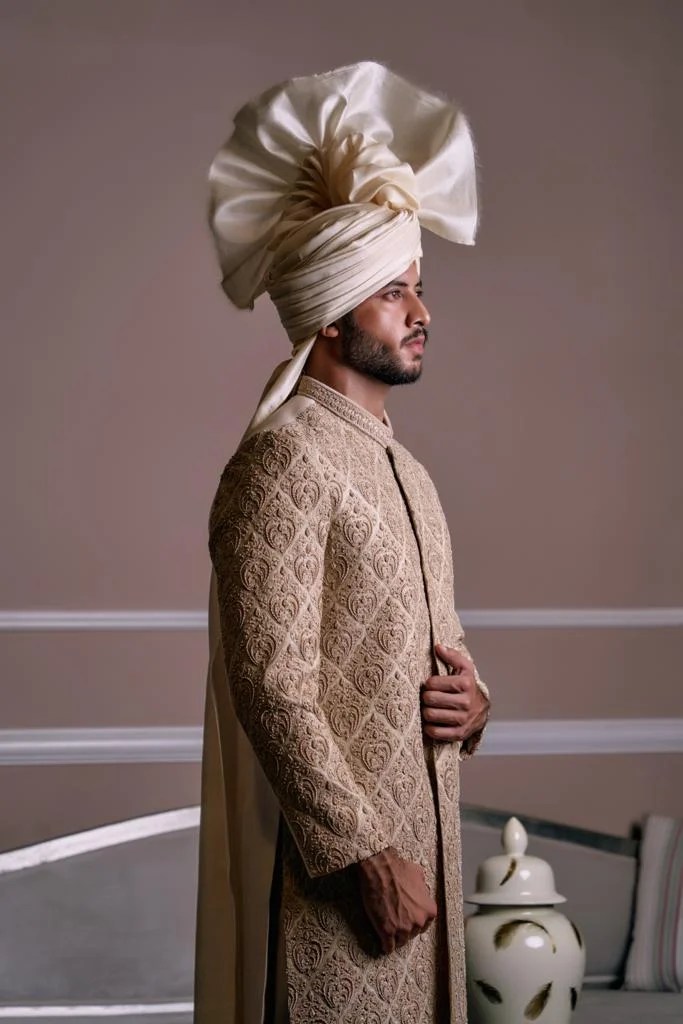 Latte Gold Embroidered Silk-Blend Groom Sherwani (3-Piece) - Image 1