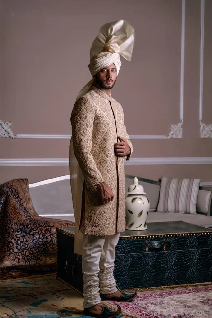 Latte Gold Embroidered Silk-Blend Groom Sherwani (3-Piece) - Image 2