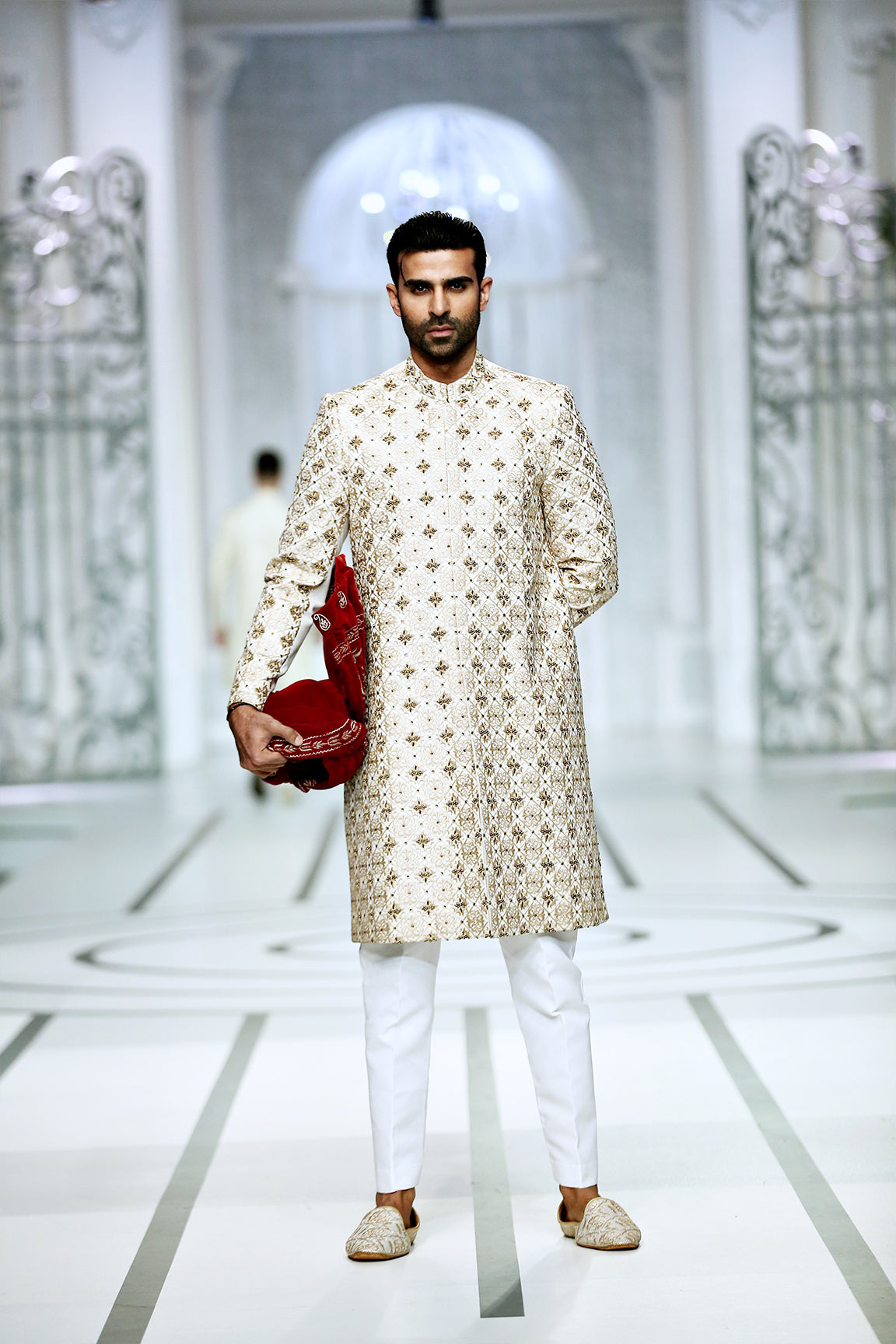 Golden Embroidered Silk-Blend Groom Sherwani (2-Piece) - Image 4