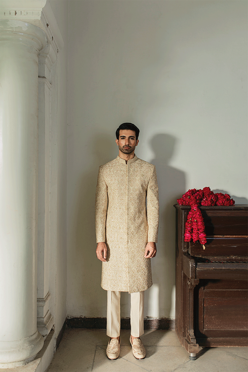 Dust Gold Hand-Embroidered Silk-Blend Sherwani (2-Piece) - Image 1