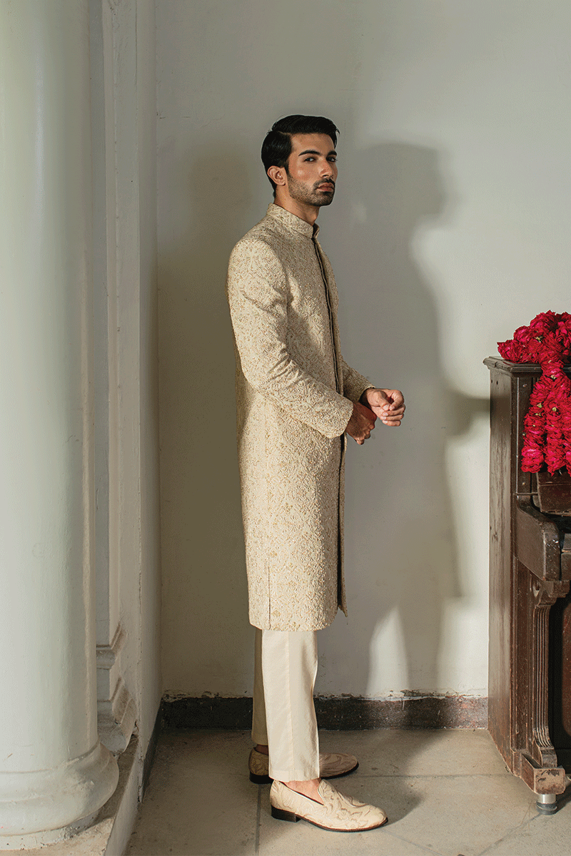 Dust Gold Hand-Embroidered Silk-Blend Sherwani (2-Piece) - Image 2