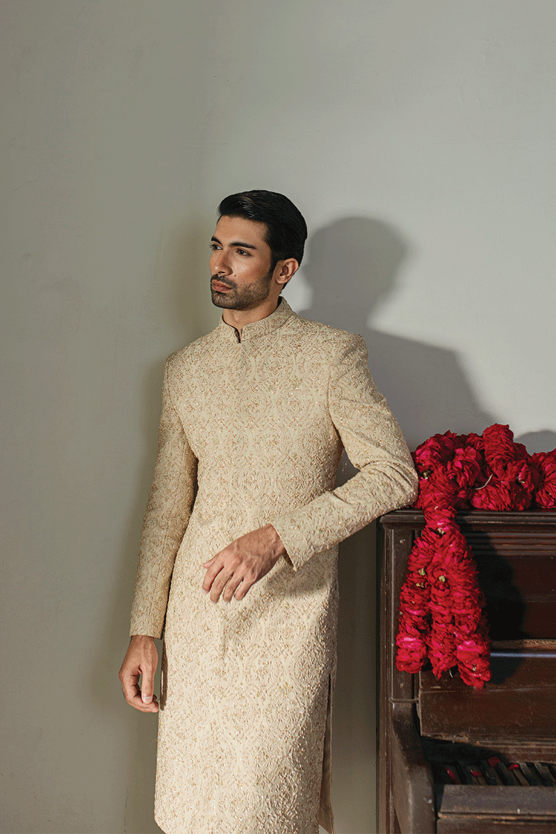 Dust Gold Hand-Embroidered Silk-Blend Sherwani (2-Piece) - Image 3