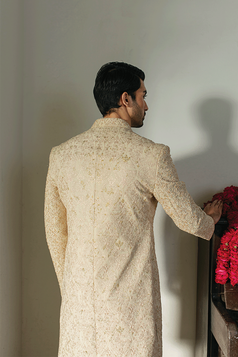 Dust Gold Hand-Embroidered Silk-Blend Sherwani (2-Piece) - Image 4