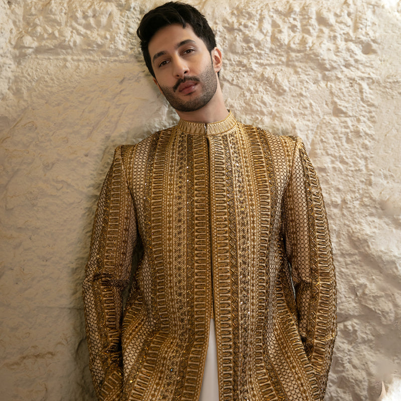Gold Hand-Embroidered Silk-Blend Sherwani (2-Piece) - Image 2
