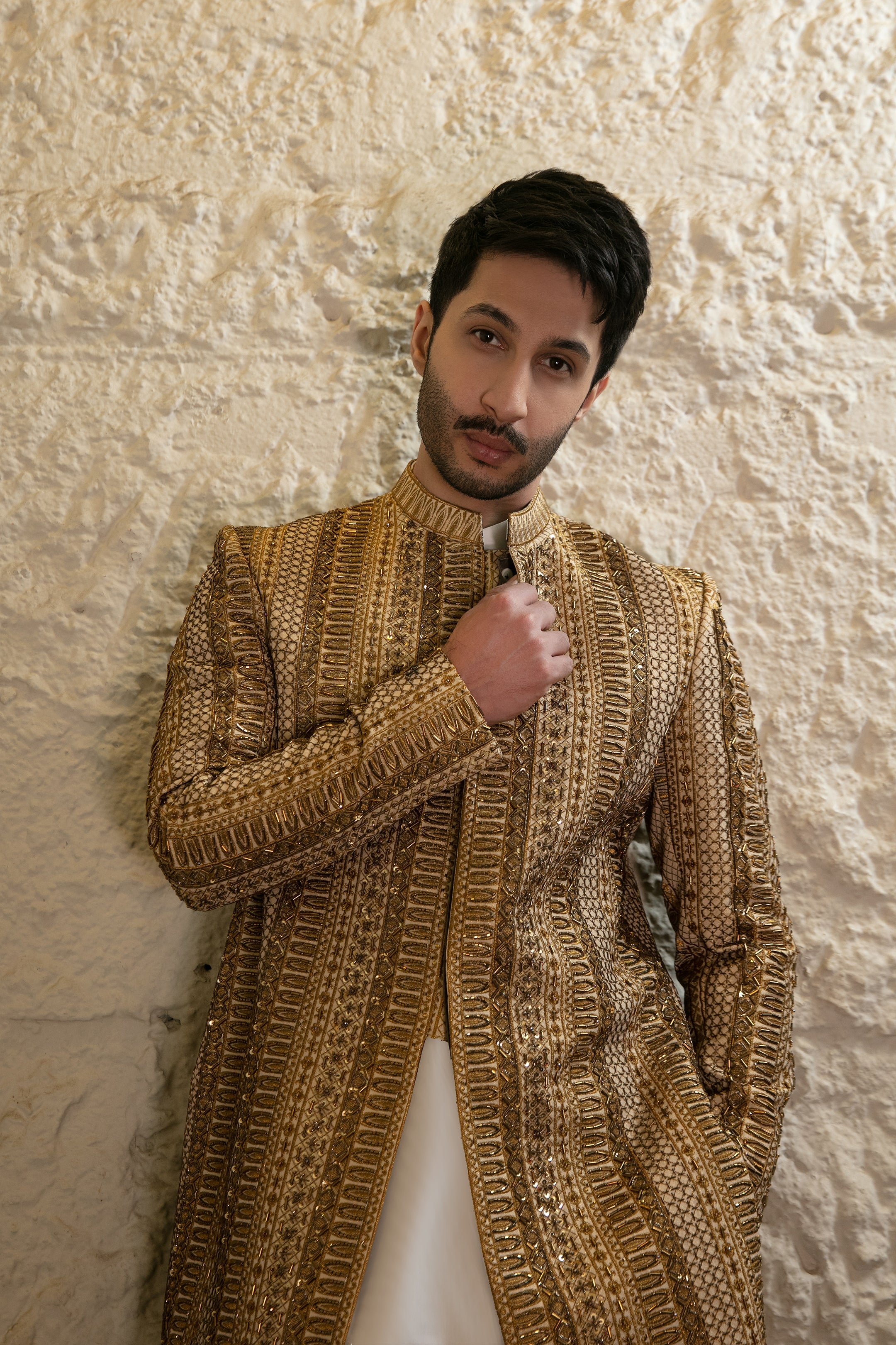 Gold Hand-Embroidered Silk-Blend Sherwani (2-Piece) - Image 5