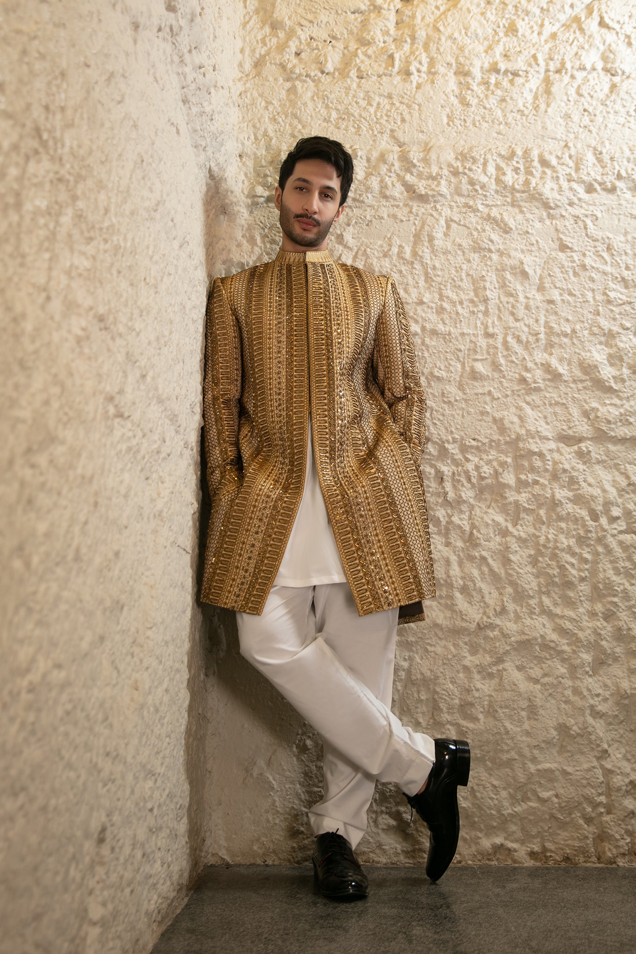 Gold Hand-Embroidered Silk-Blend Sherwani (2-Piece) - Image 6