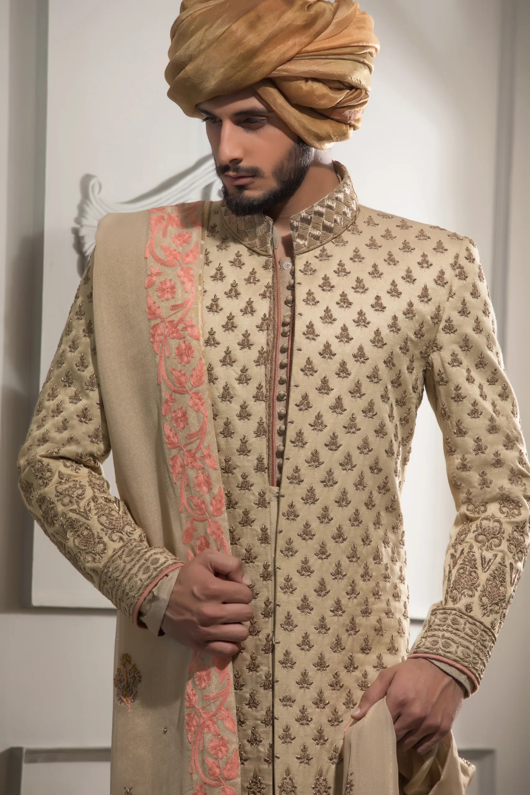 Champagne Gold Embroidered Silk-Blend Sherwani (3-Piece) - Image 1