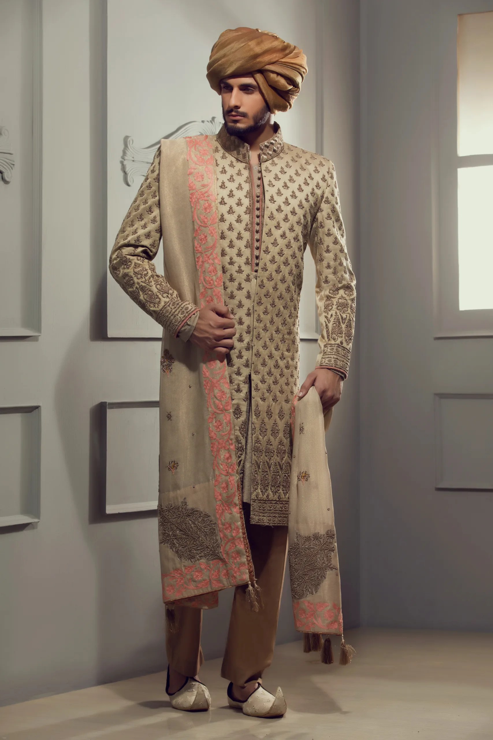 Champagne Gold Embroidered Silk-Blend Sherwani (3-Piece) - Image 3