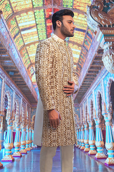 Sapphire Gold Embroidered Silk-Blend Groom Sherwani (2-Piece) - Image 1