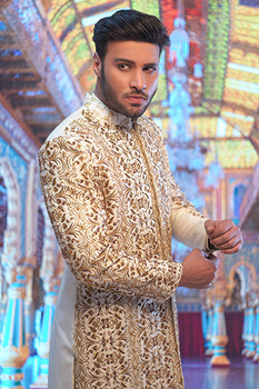 Sapphire Gold Embroidered Silk-Blend Groom Sherwani (2-Piece) - Image 3