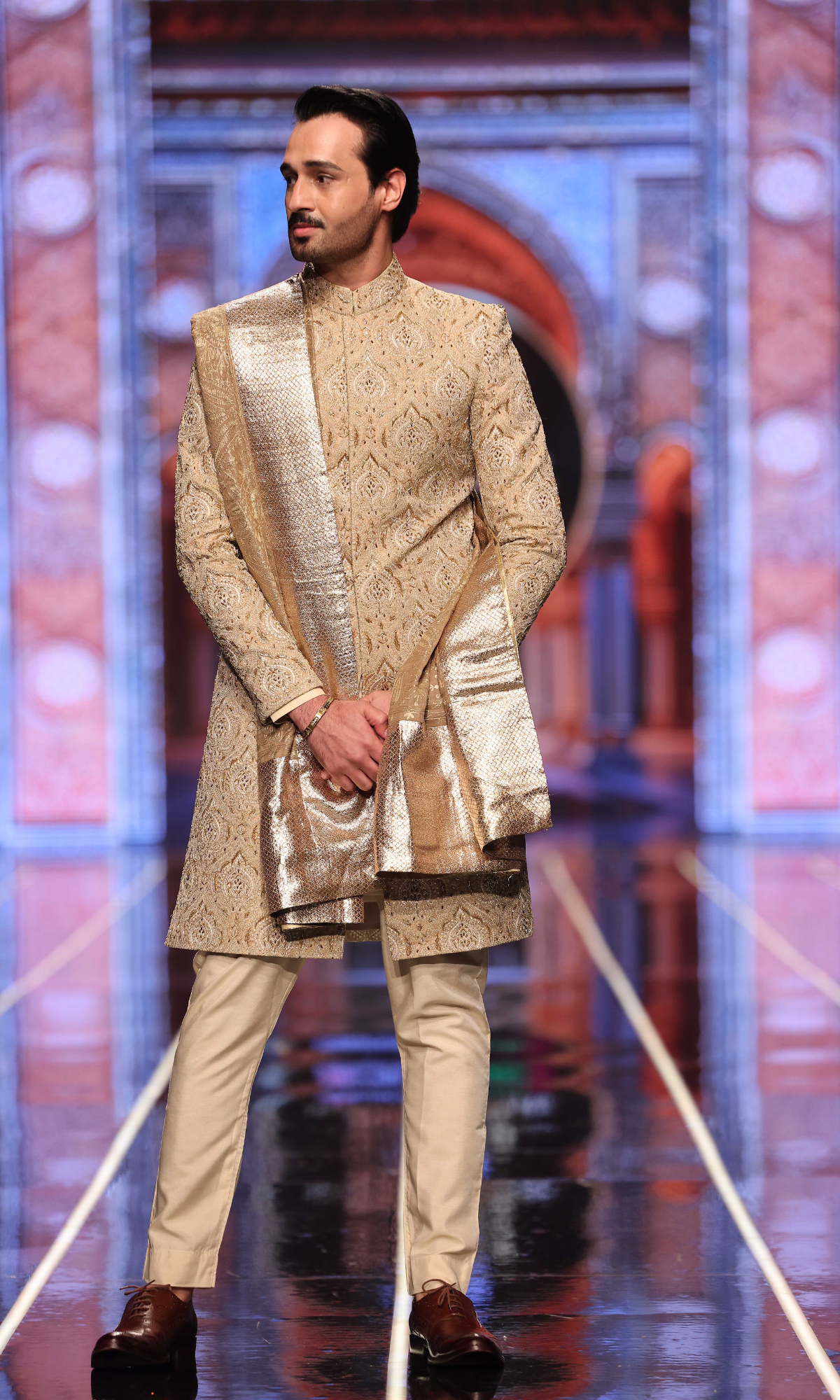 Gold Hand-Embroidered Silk-Brocade Sherwani (3-Piece) - Image 2
