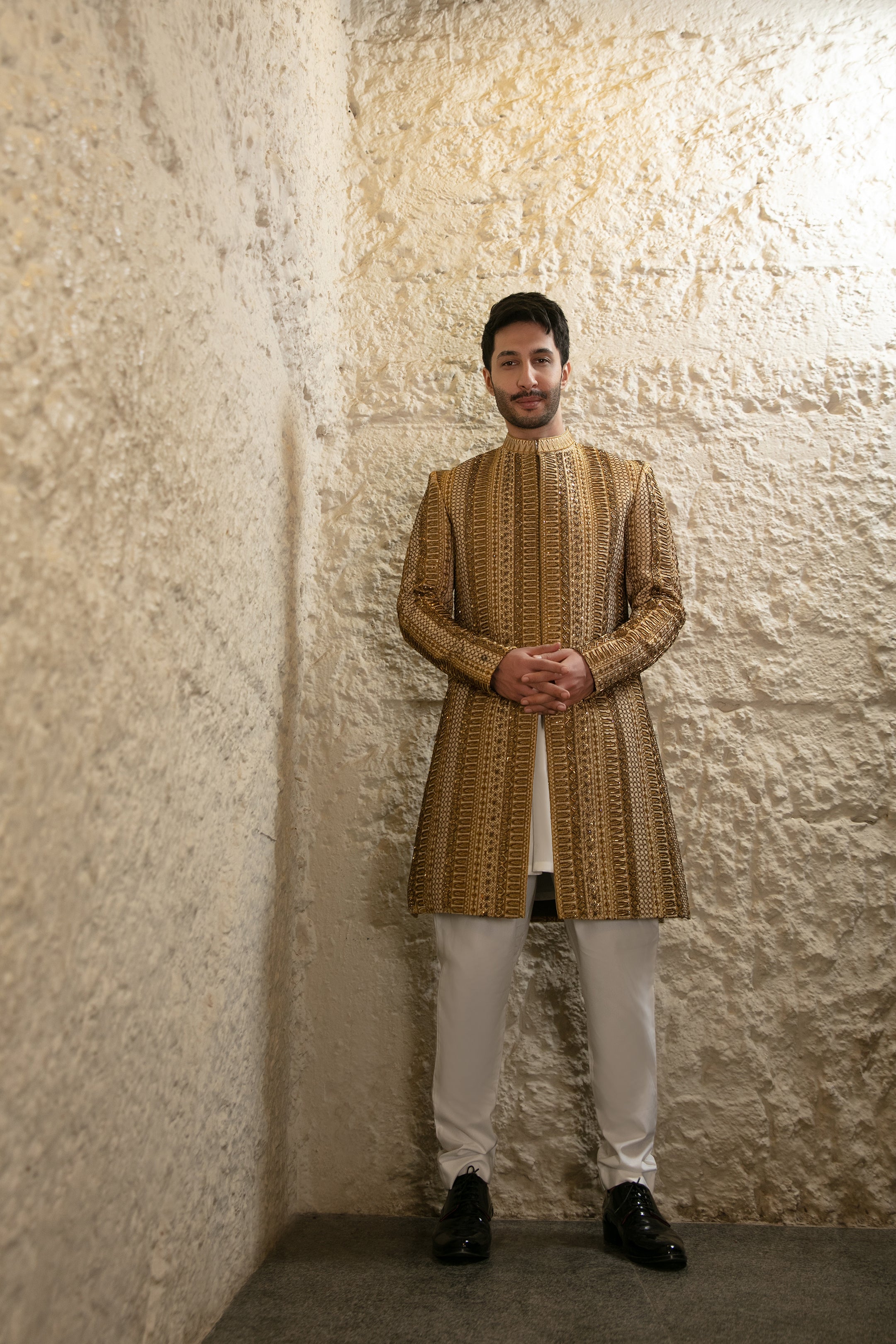 Copper Gold Hand-Embellished Silk-Blend Sherwani (2-Piece) - Image 3