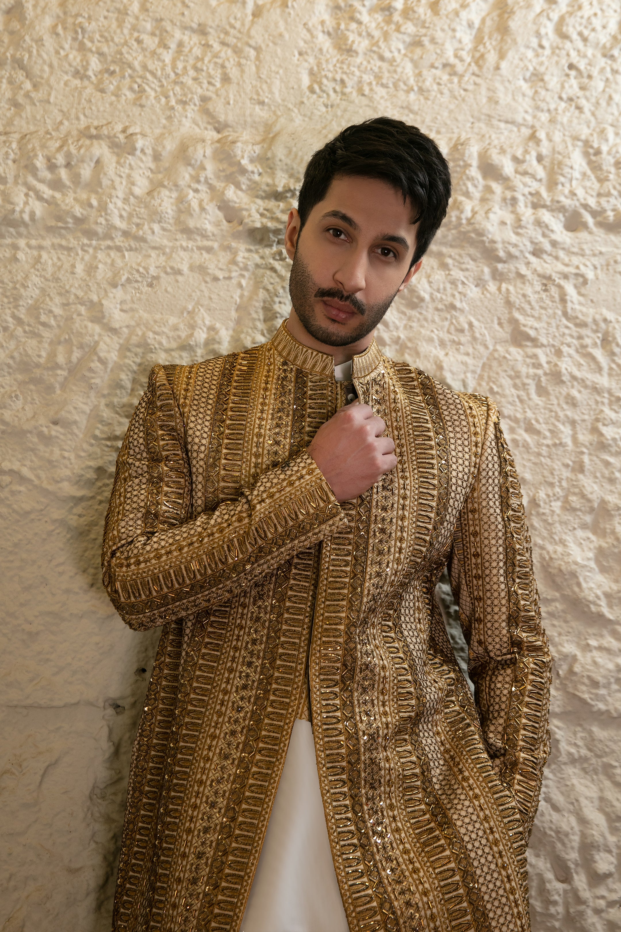 Copper Gold Hand-Embellished Silk-Blend Sherwani (2-Piece) - Image 5