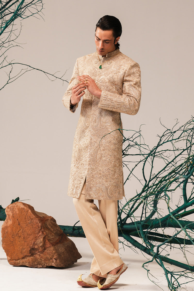 Gold Zardozi Embroidered Silk-Blend Sherwani (2-Piece) - Image 3