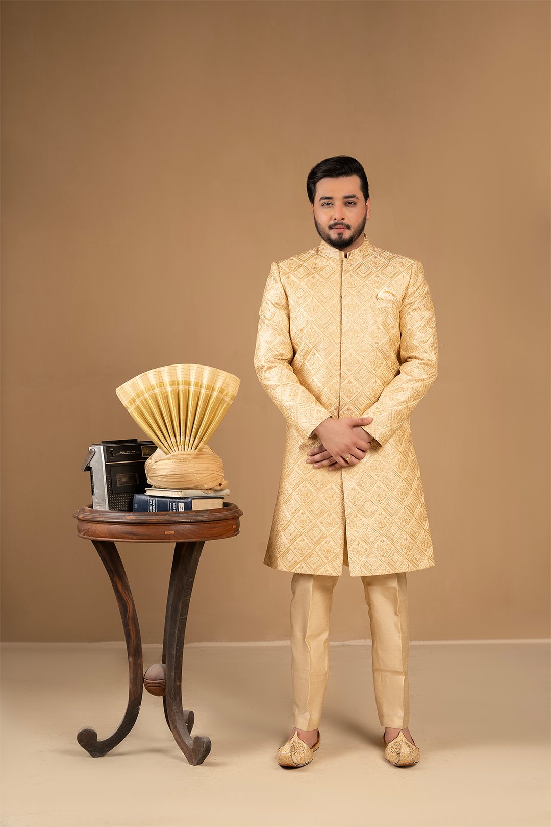 Light Gold Embroidered Silk Sherwani (2-Piece) - Image 1