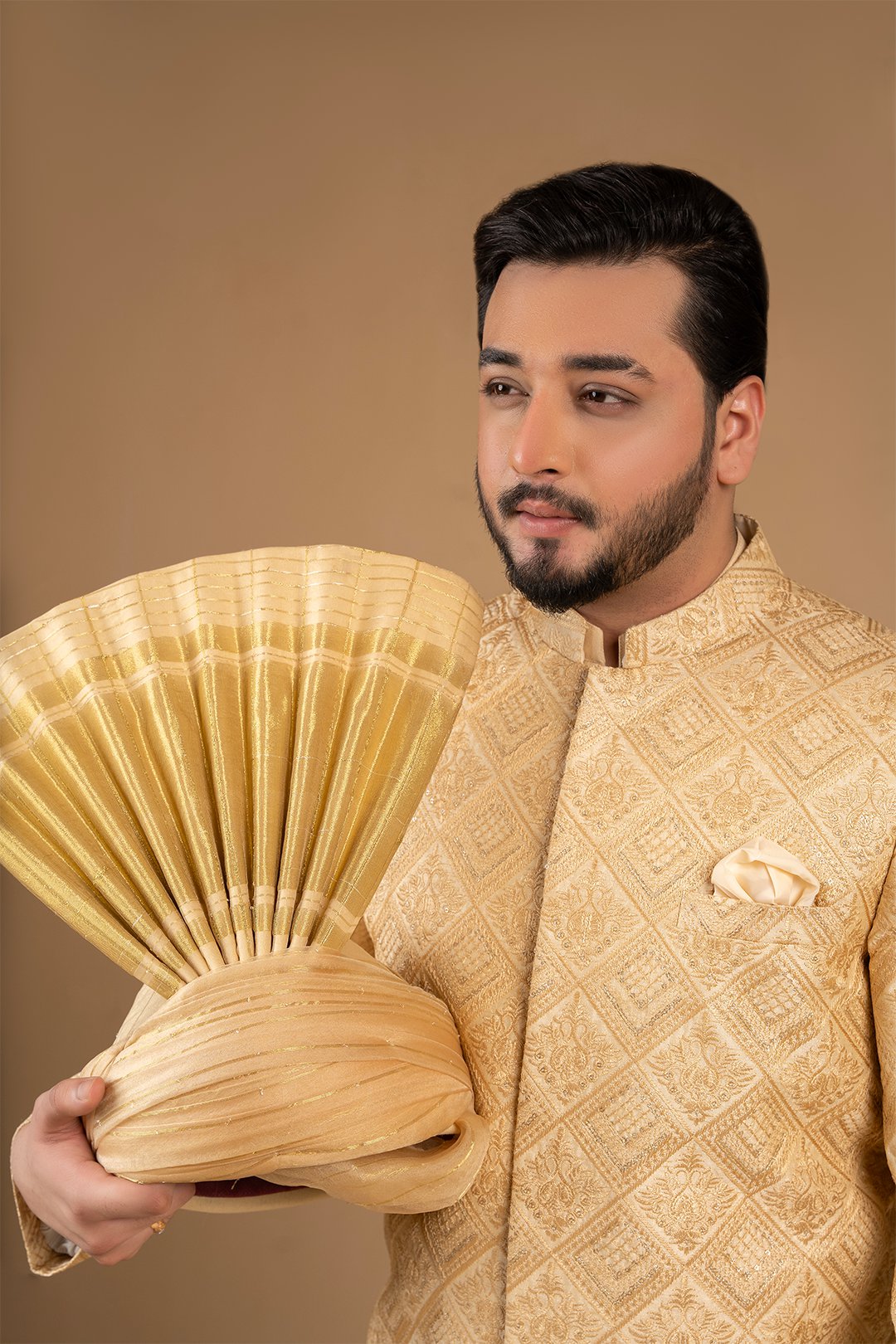 Light Gold Embroidered Silk Sherwani (2-Piece) - Image 2