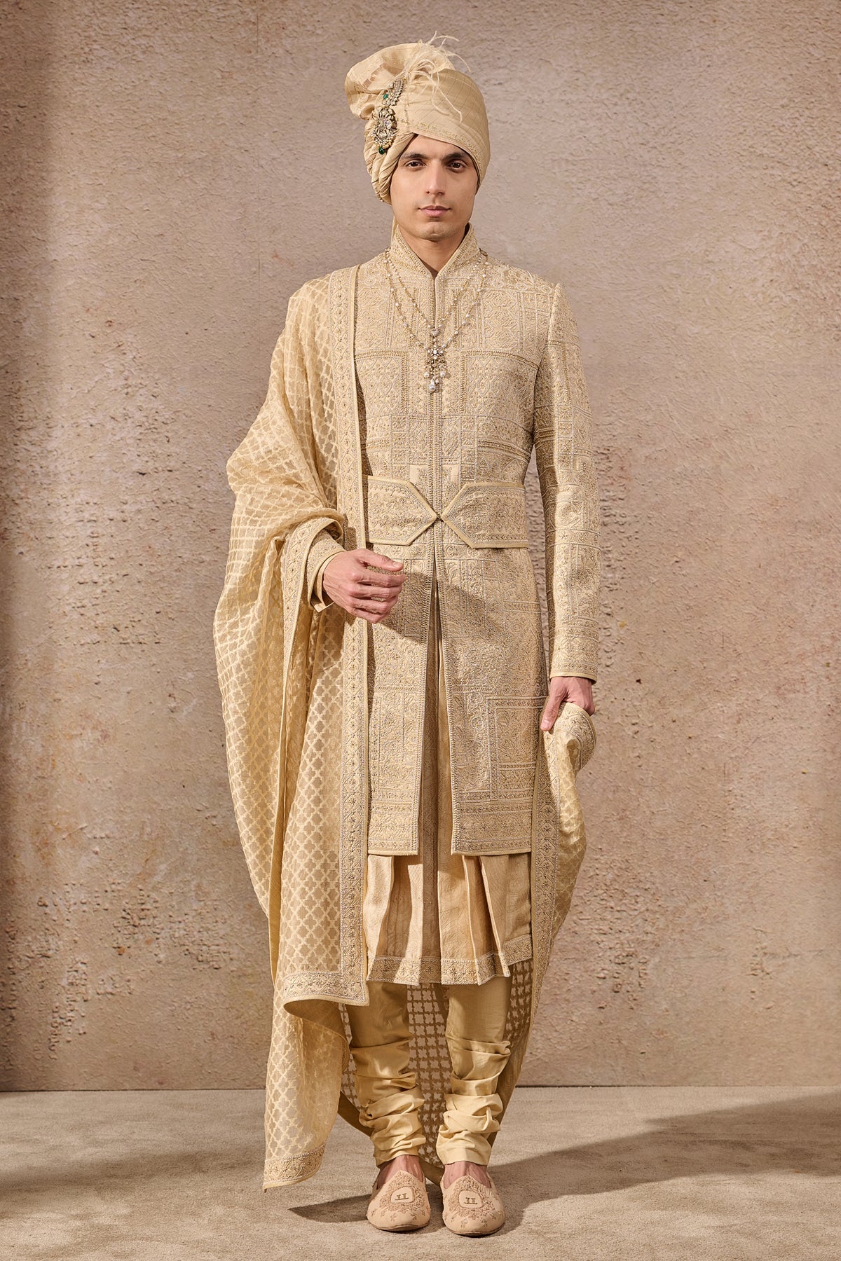 Gold Hand-Embroidered Silk Dupion Sherwani (6-Piece) - Image 1