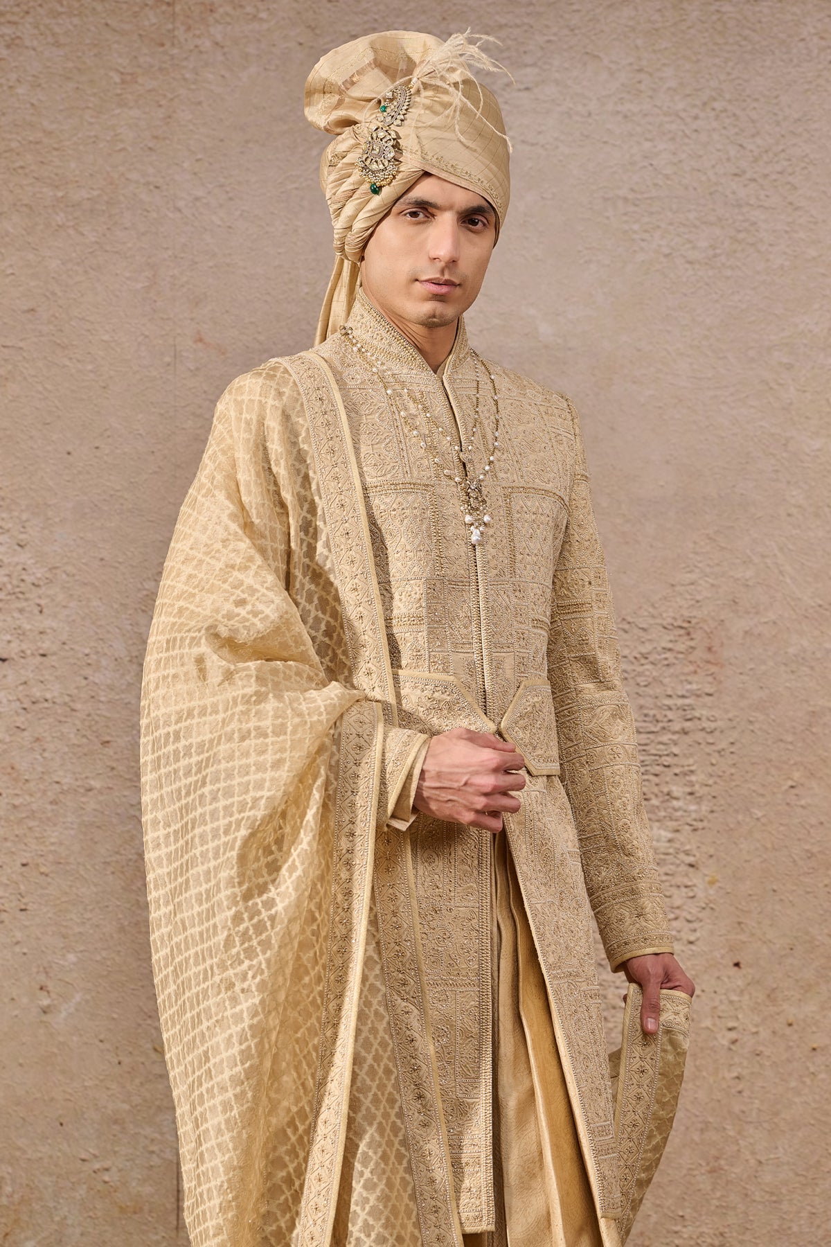 Gold Hand-Embroidered Silk Dupion Sherwani (6-Piece) - Image 2