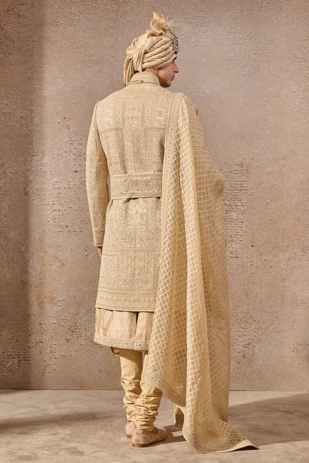 Gold Hand-Embroidered Silk Dupion Sherwani (6-Piece) - Image 3