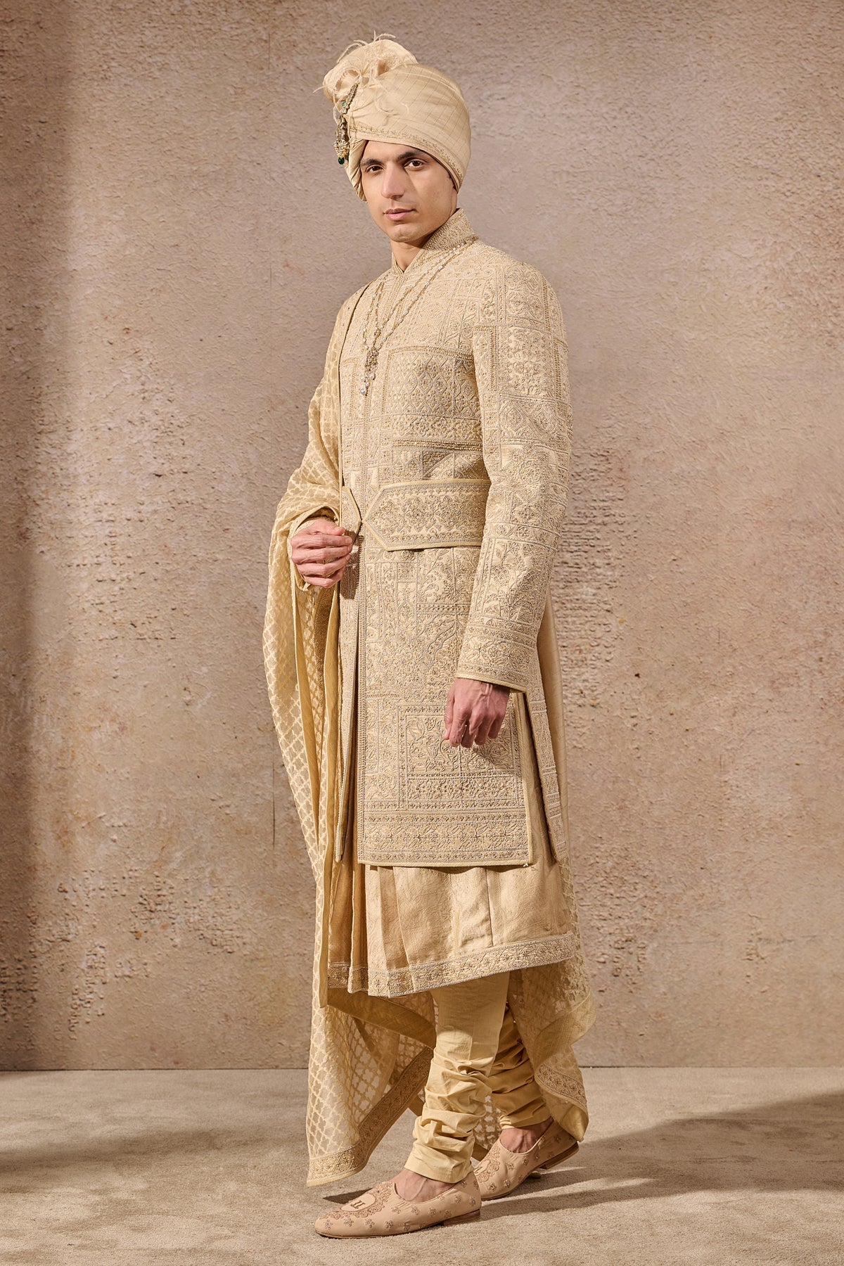 Gold Hand-Embroidered Silk Dupion Sherwani (6-Piece) - Image 4