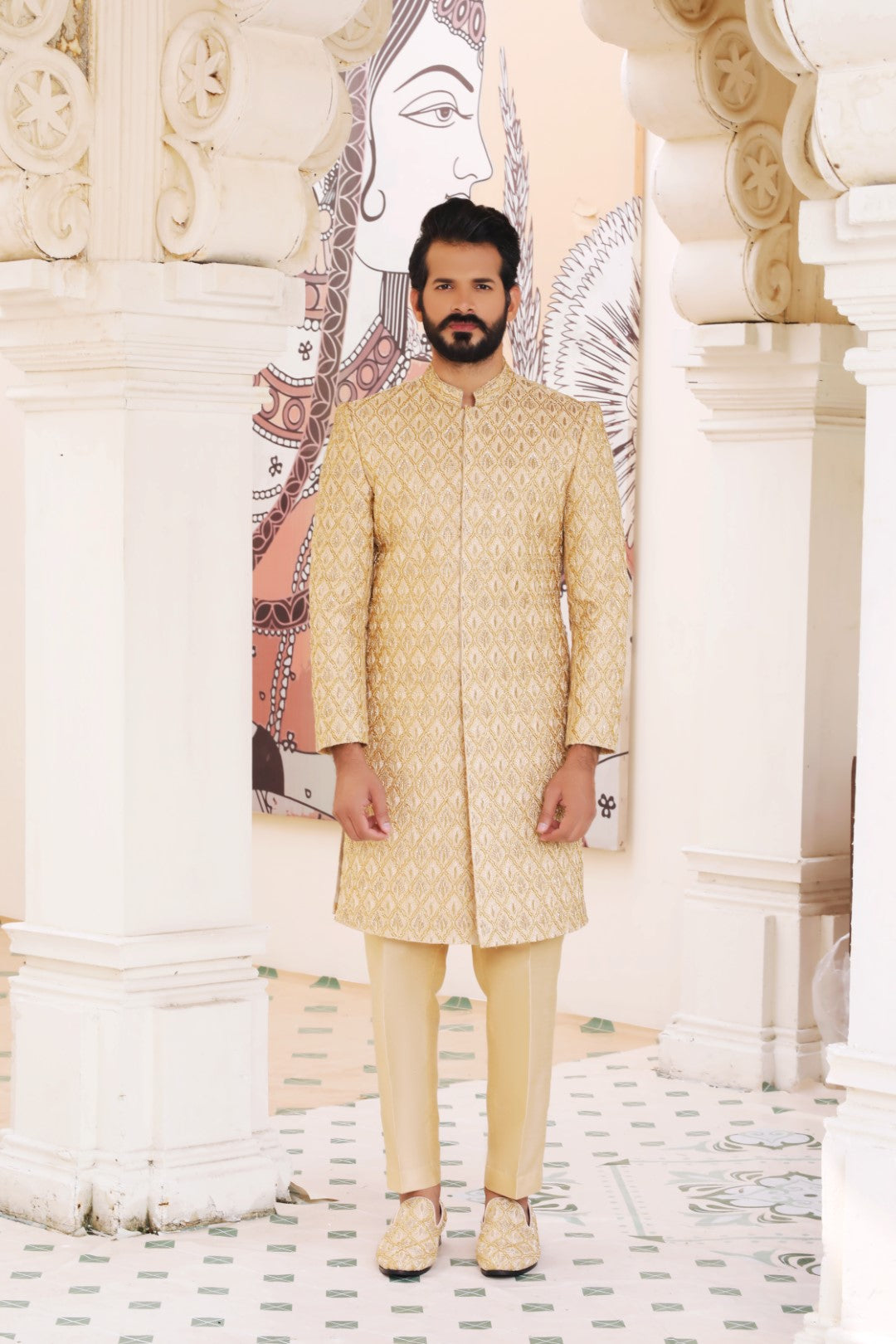 Gold Kora Dabka Silk Sherwani (3-Piece) - Image 3