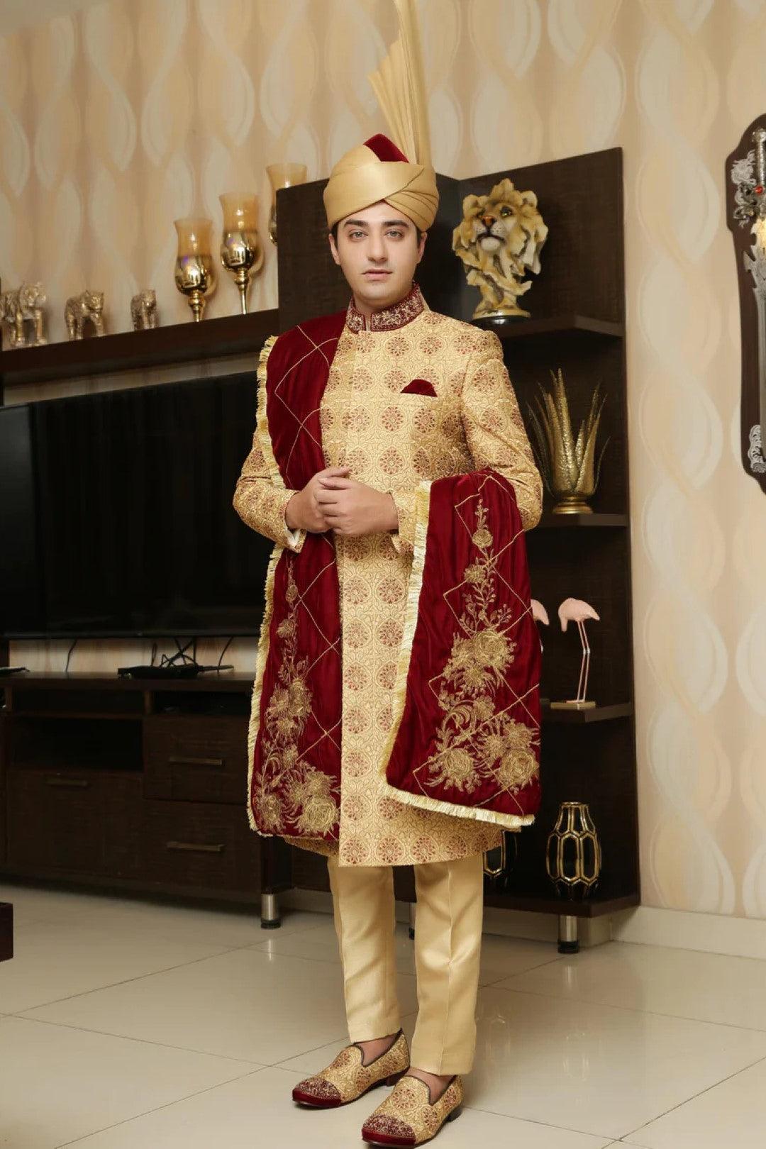 Gold Embroidered Silk Sherwani (3-Piece) - Image 1