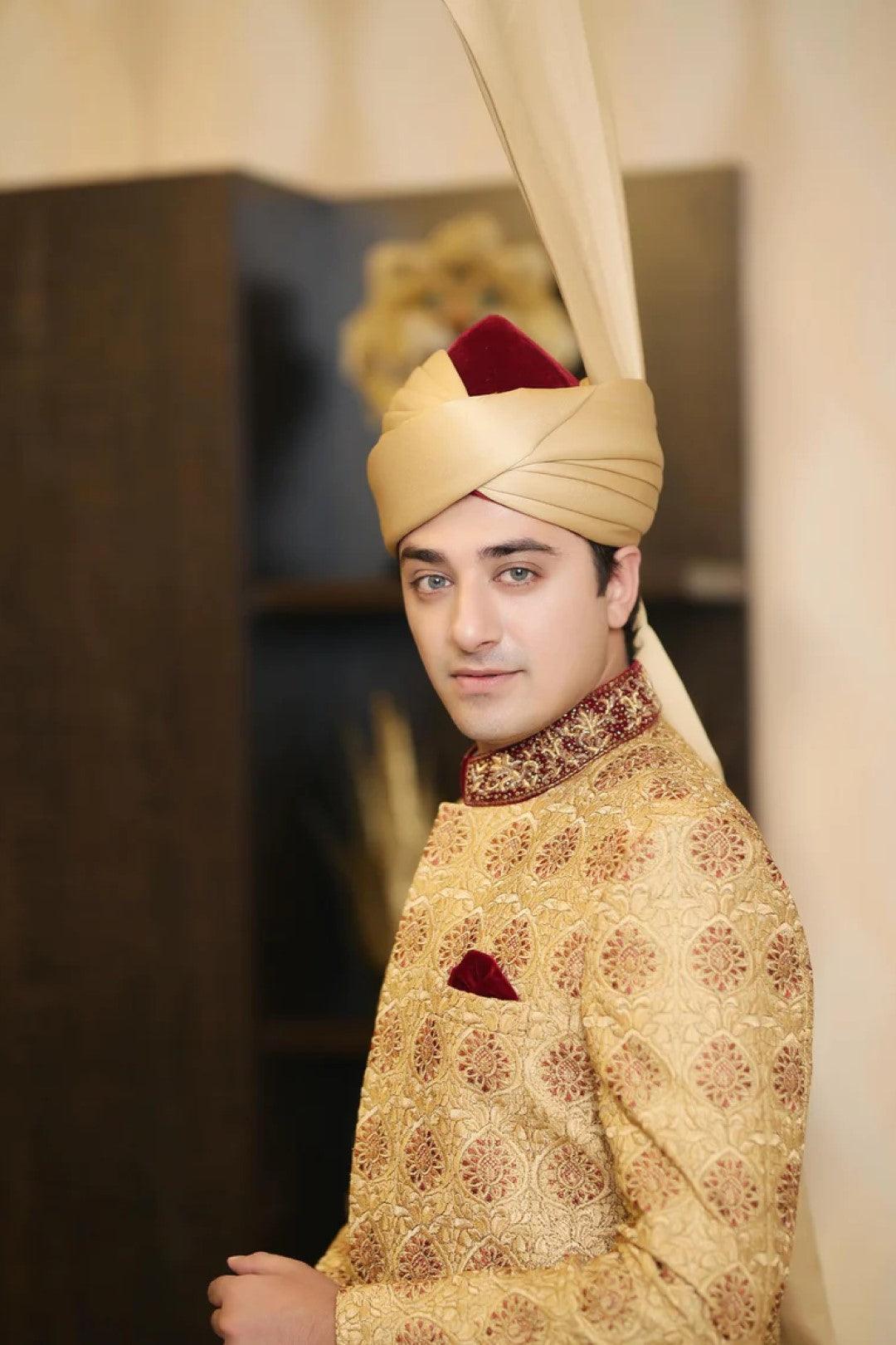 Gold Embroidered Silk Sherwani (3-Piece) - Image 2