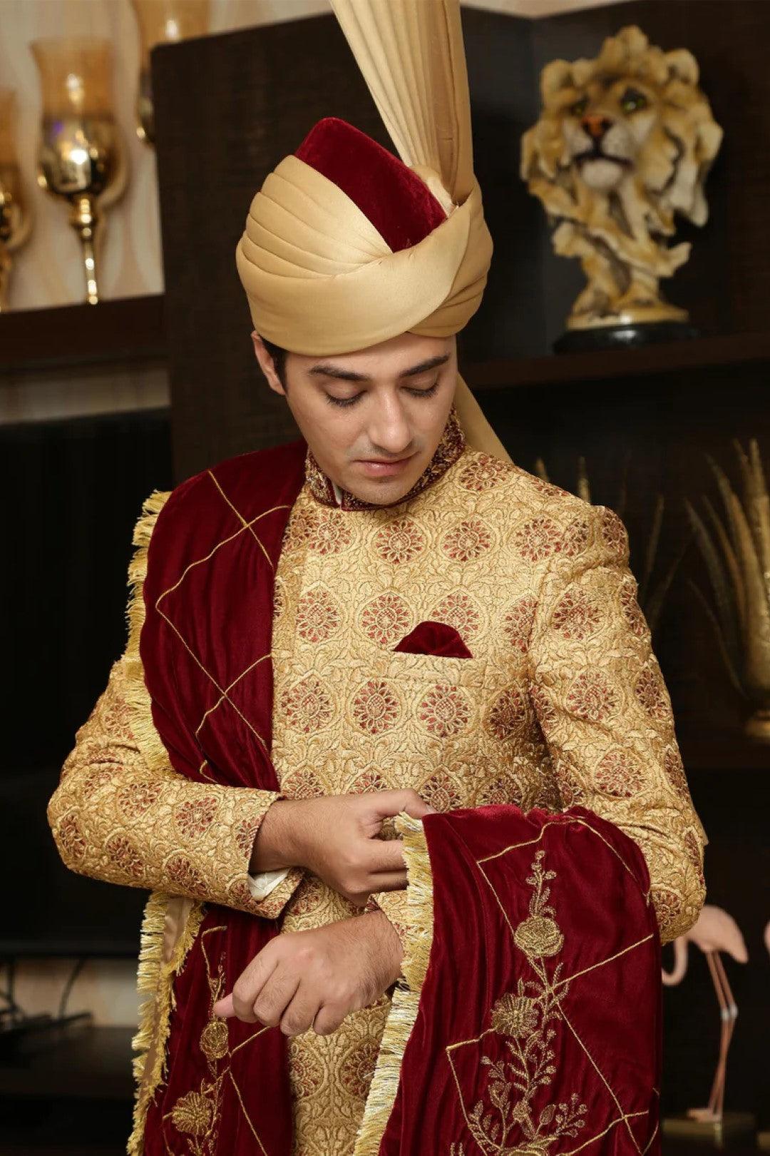 Gold Embroidered Silk Sherwani (3-Piece) - Image 3