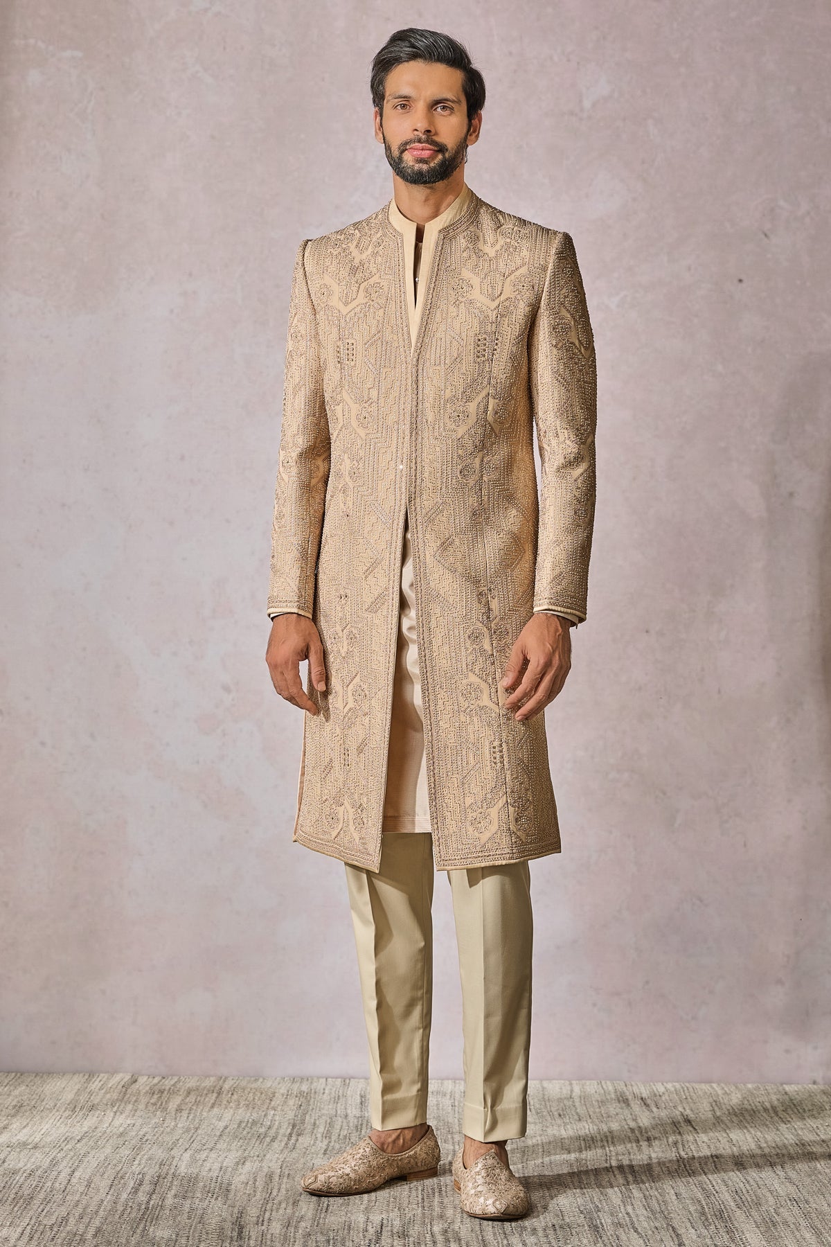 Gold Embroidered Suiting Fabric Sherwani (3-Piece) - Image 1