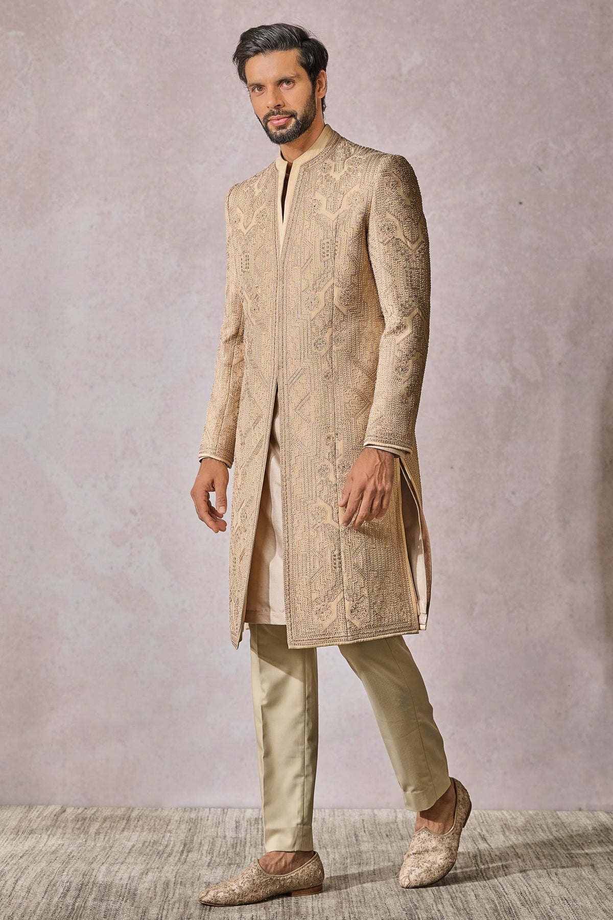 Gold Embroidered Suiting Fabric Sherwani (3-Piece) - Image 3