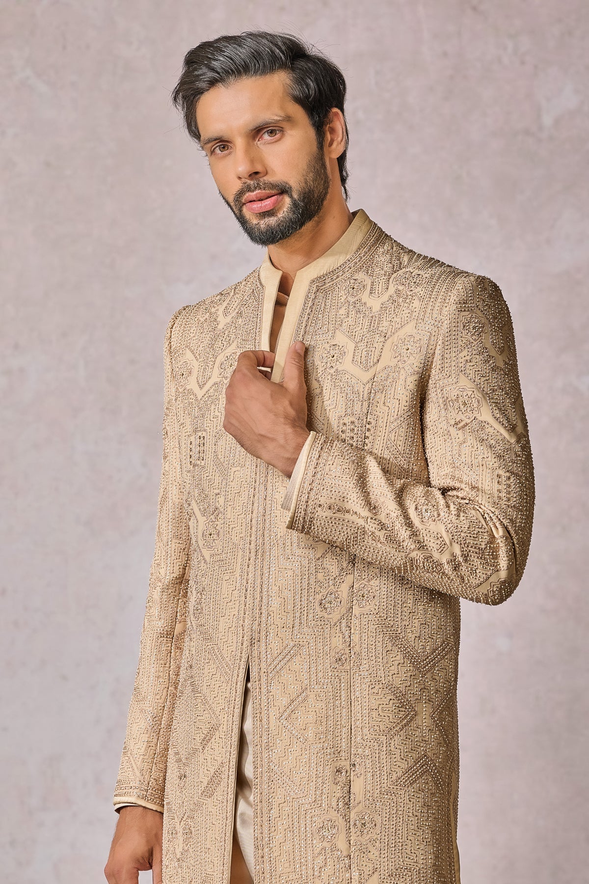 Gold Embroidered Suiting Fabric Sherwani (3-Piece) - Image 4
