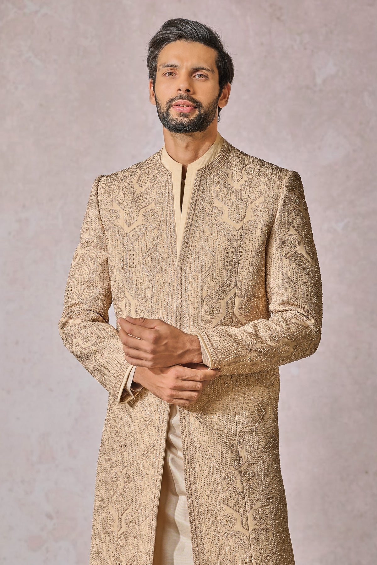 Gold Embroidered Suiting Fabric Sherwani (3-Piece) - Image 5