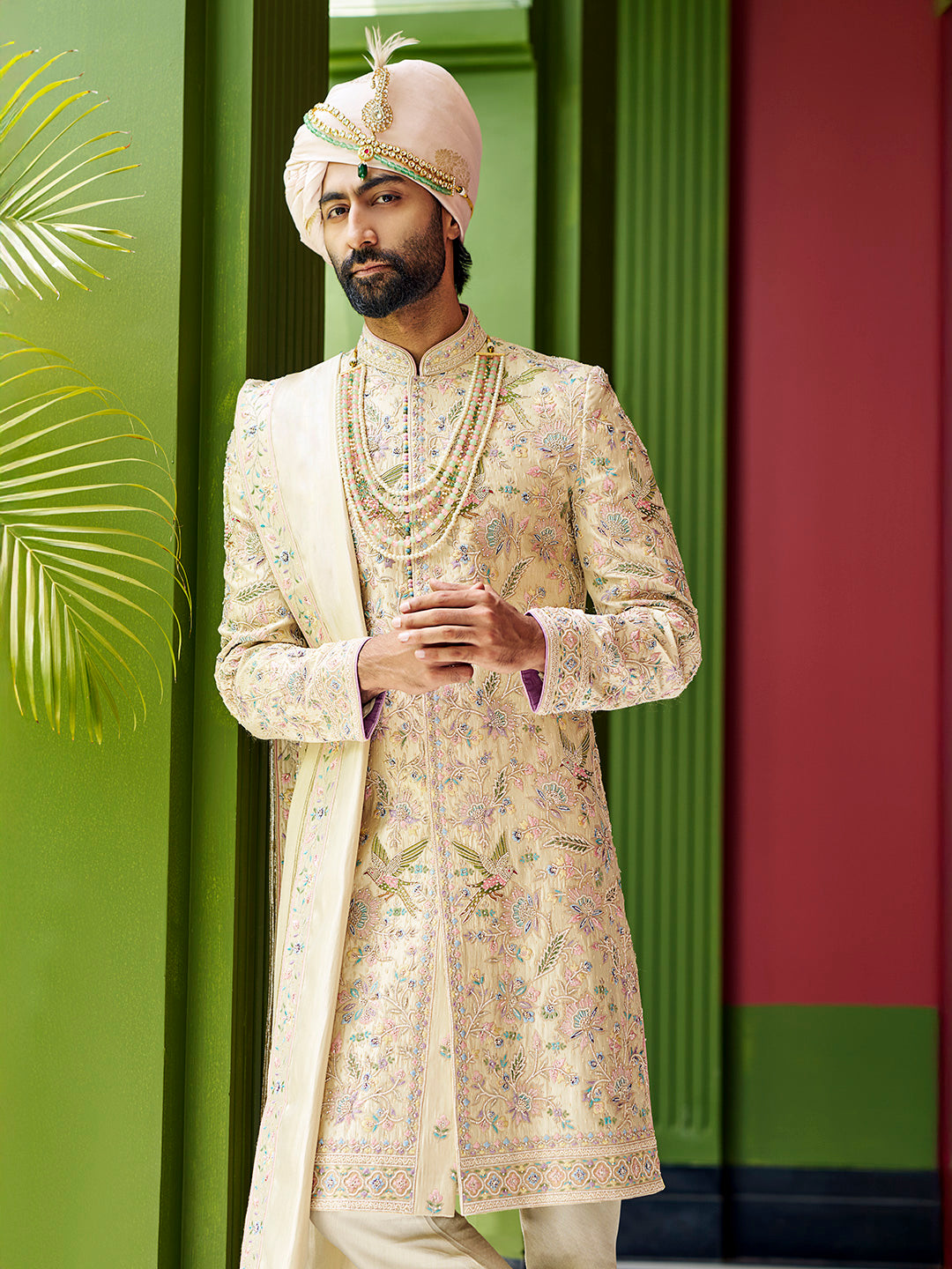 Light Gold Embroidered Tissue Silk Sherwani (3-Piece) - Image 1