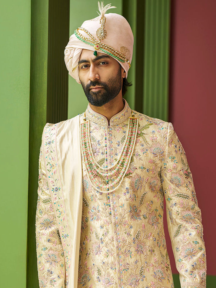 Light Gold Embroidered Tissue Silk Sherwani (3-Piece) - Image 2