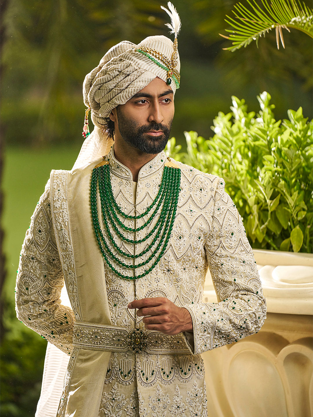 Gold Embroidered Tissue Silk Sherwani (3-Piece) - Image 2