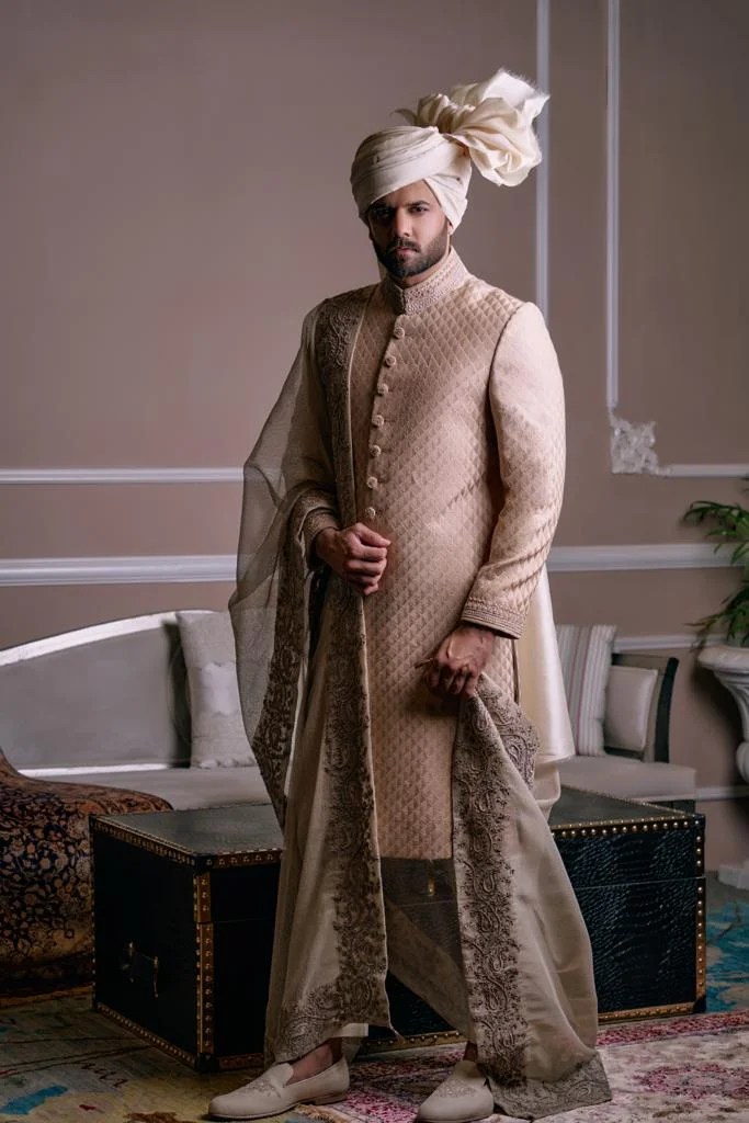 Gold Quilted Velvet Groom Sherwani (3-Piece) - Image 2