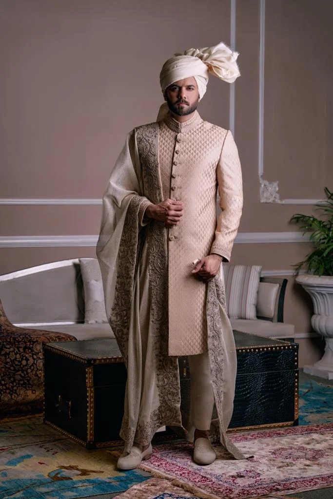 Gold Quilted Velvet Groom Sherwani (3-Piece) - Image 3