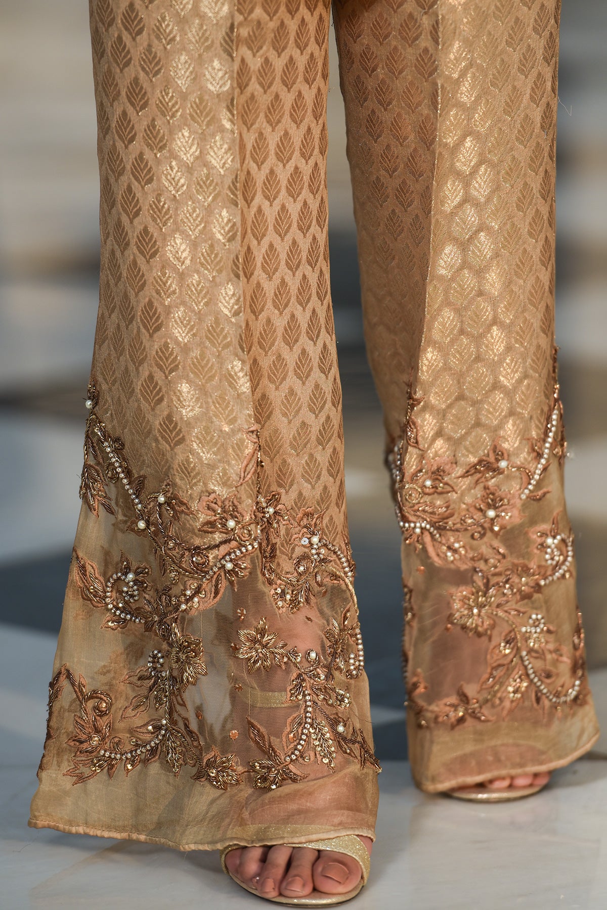 Pakistani Golden Embroidered Jamawar Bootcut Pants (1-Pc) - Image 1