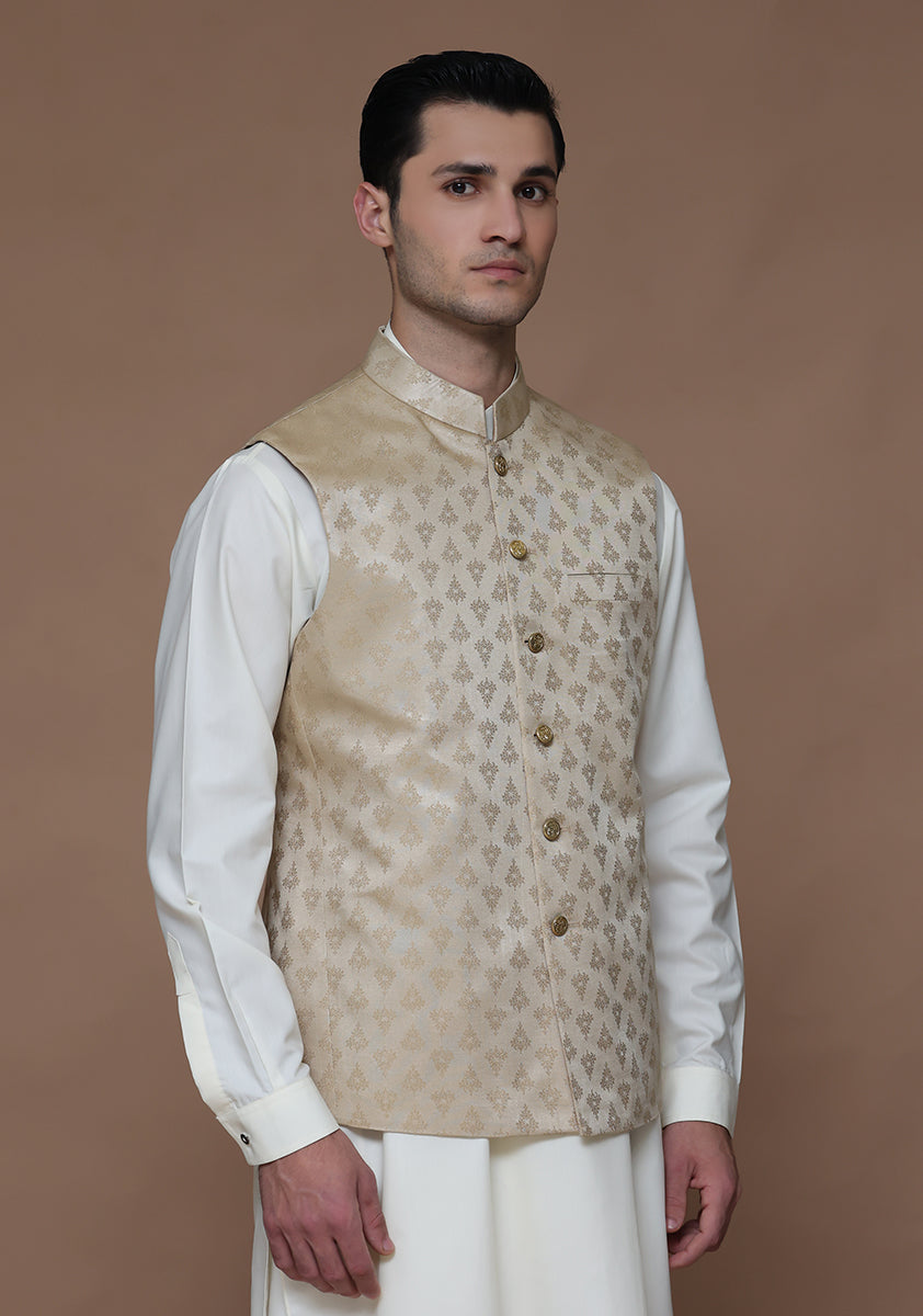 Gold Woven Jamawar Waistcoat (2-Piece) - Image 1