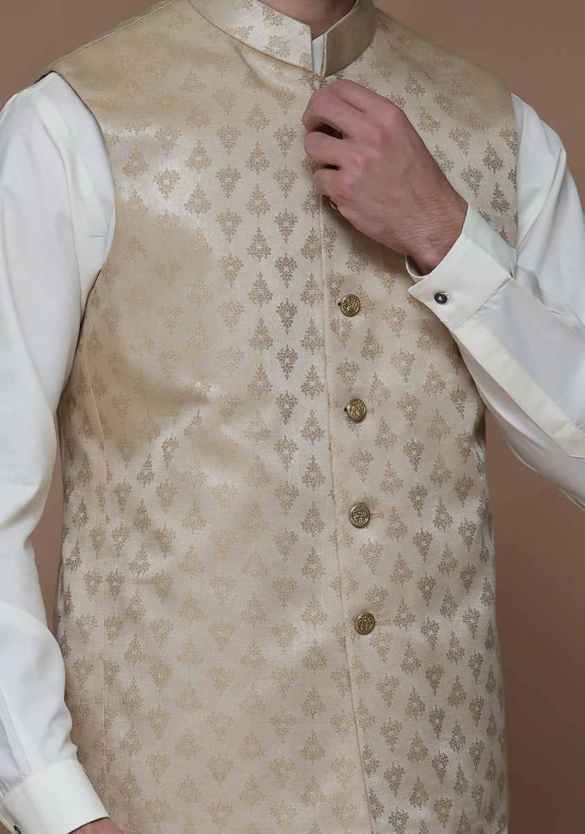 Gold Woven Jamawar Waistcoat (2-Piece) - Image 2