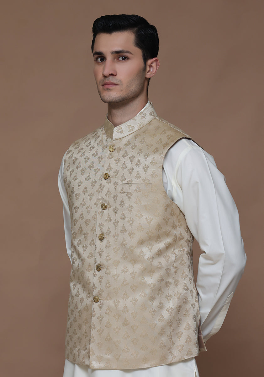 Gold Woven Jamawar Waistcoat (2-Piece) - Image 3