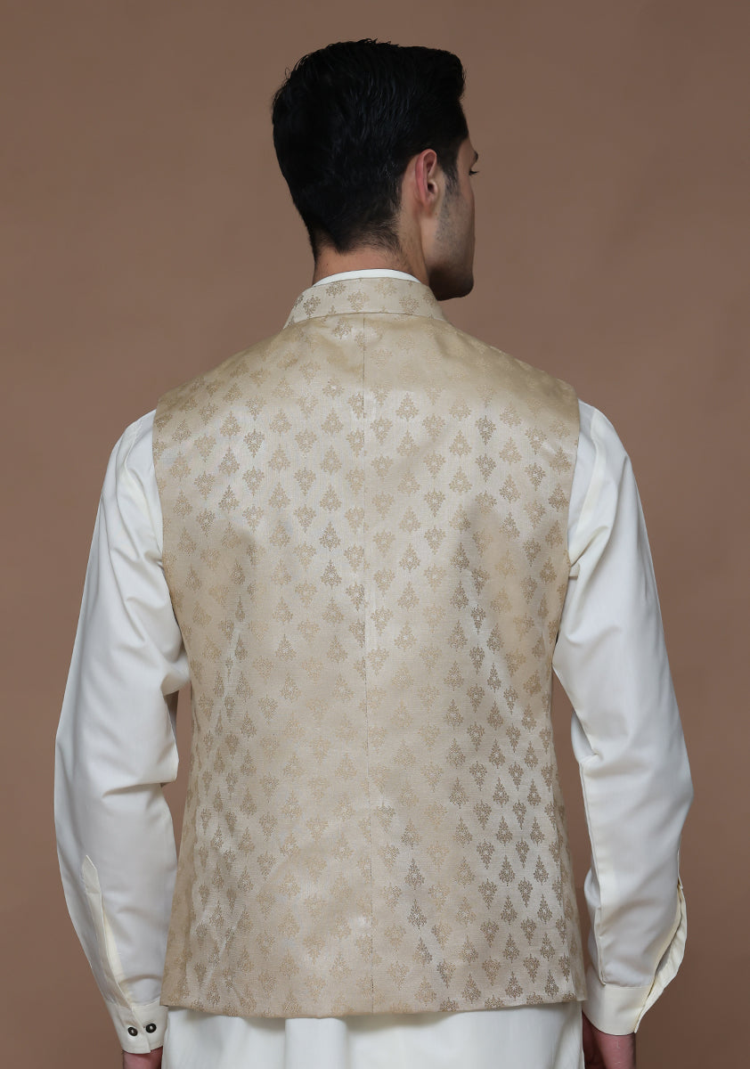 Gold Woven Jamawar Waistcoat (2-Piece) - Image 4