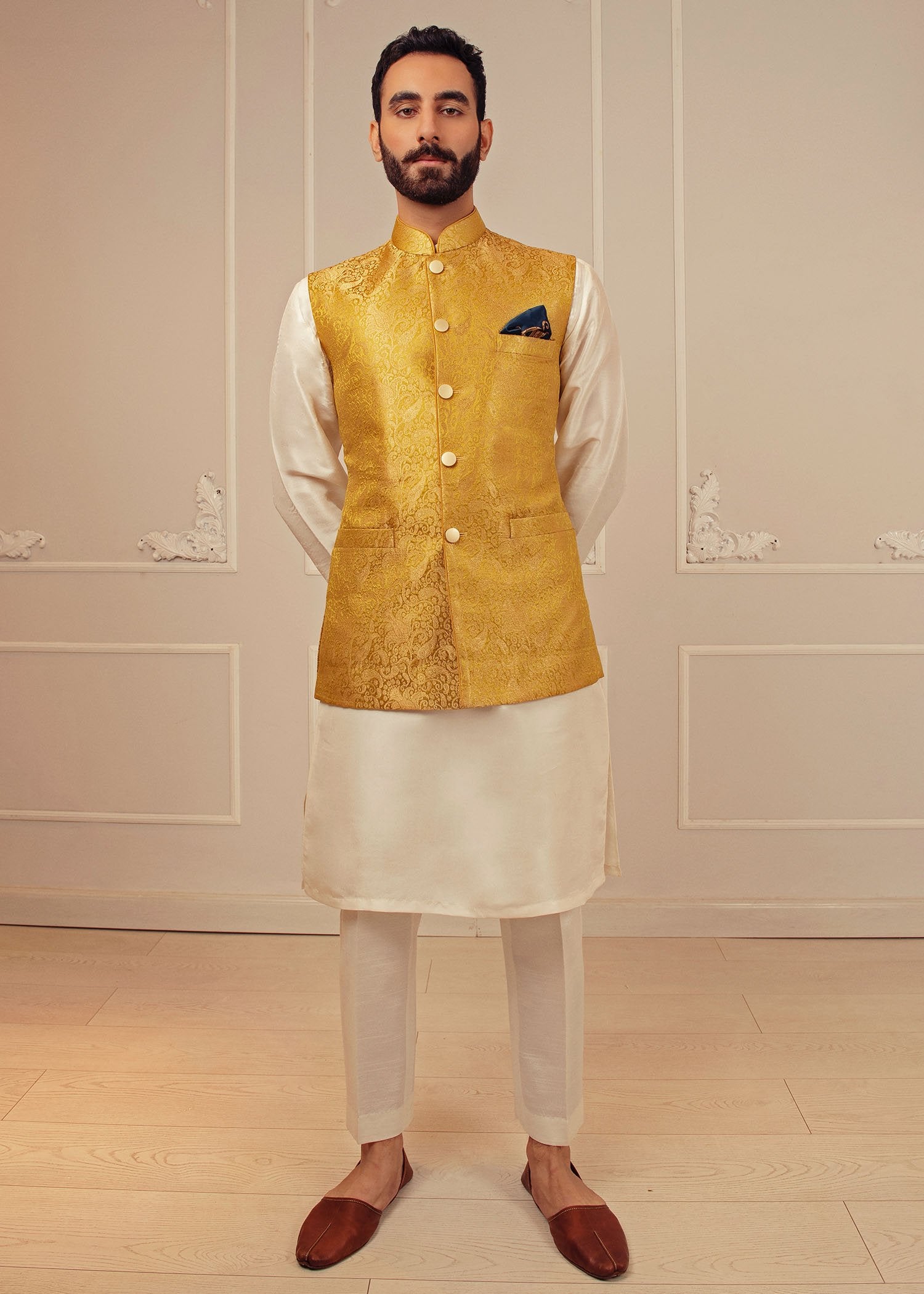 Lime Green Banarsi Waistcoat Kurta Set (3-Piece) - Image 1