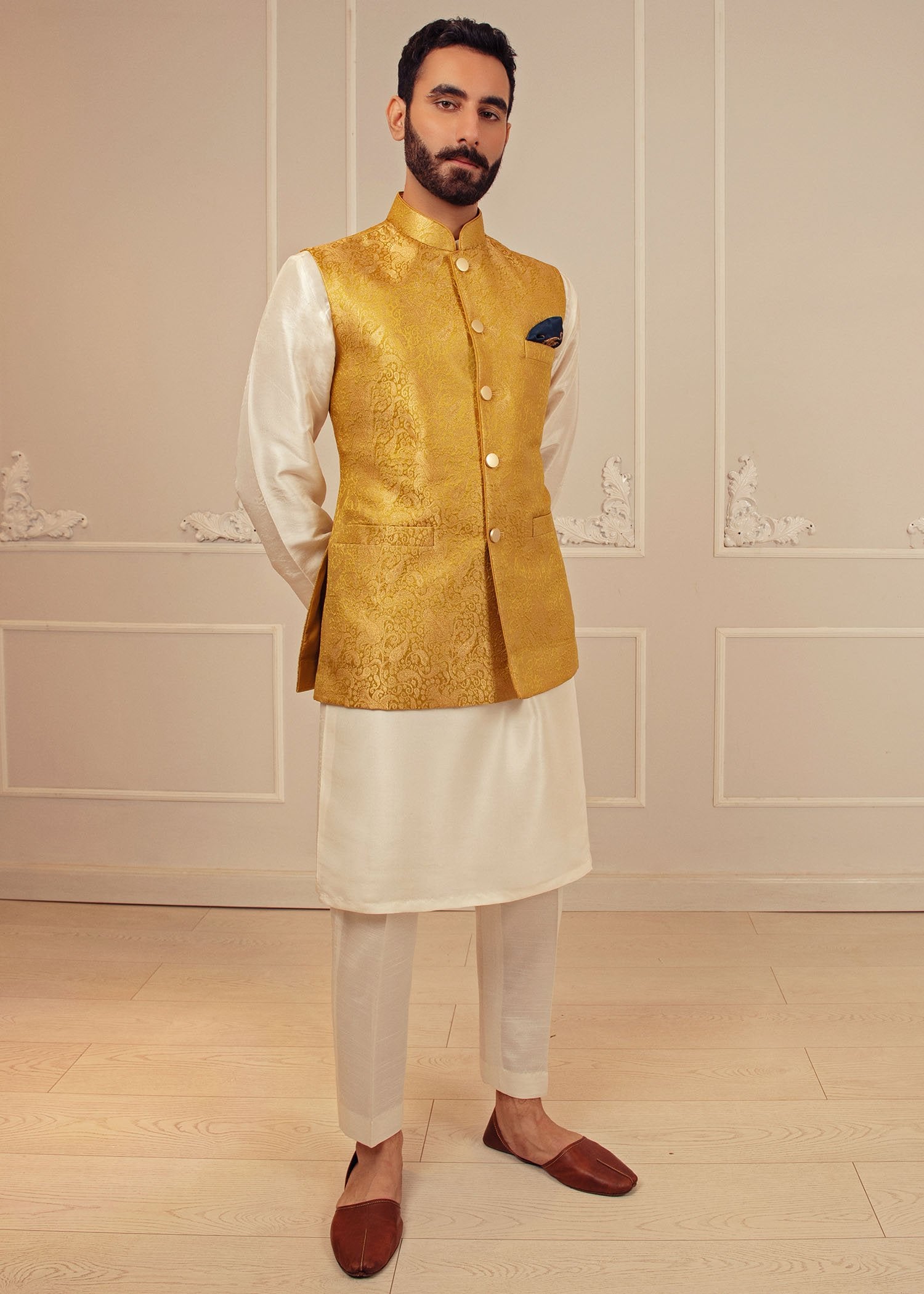 Lime Green Banarsi Waistcoat Kurta Set (3-Piece) - Image 2