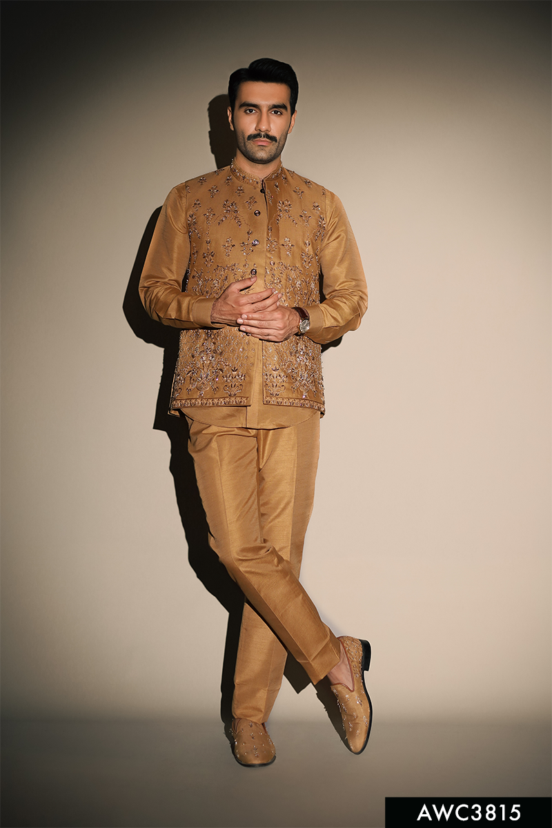 Rust Gold Hand-Embellished Brocade Waistcoat Kurta (3-Piece) - Image 1