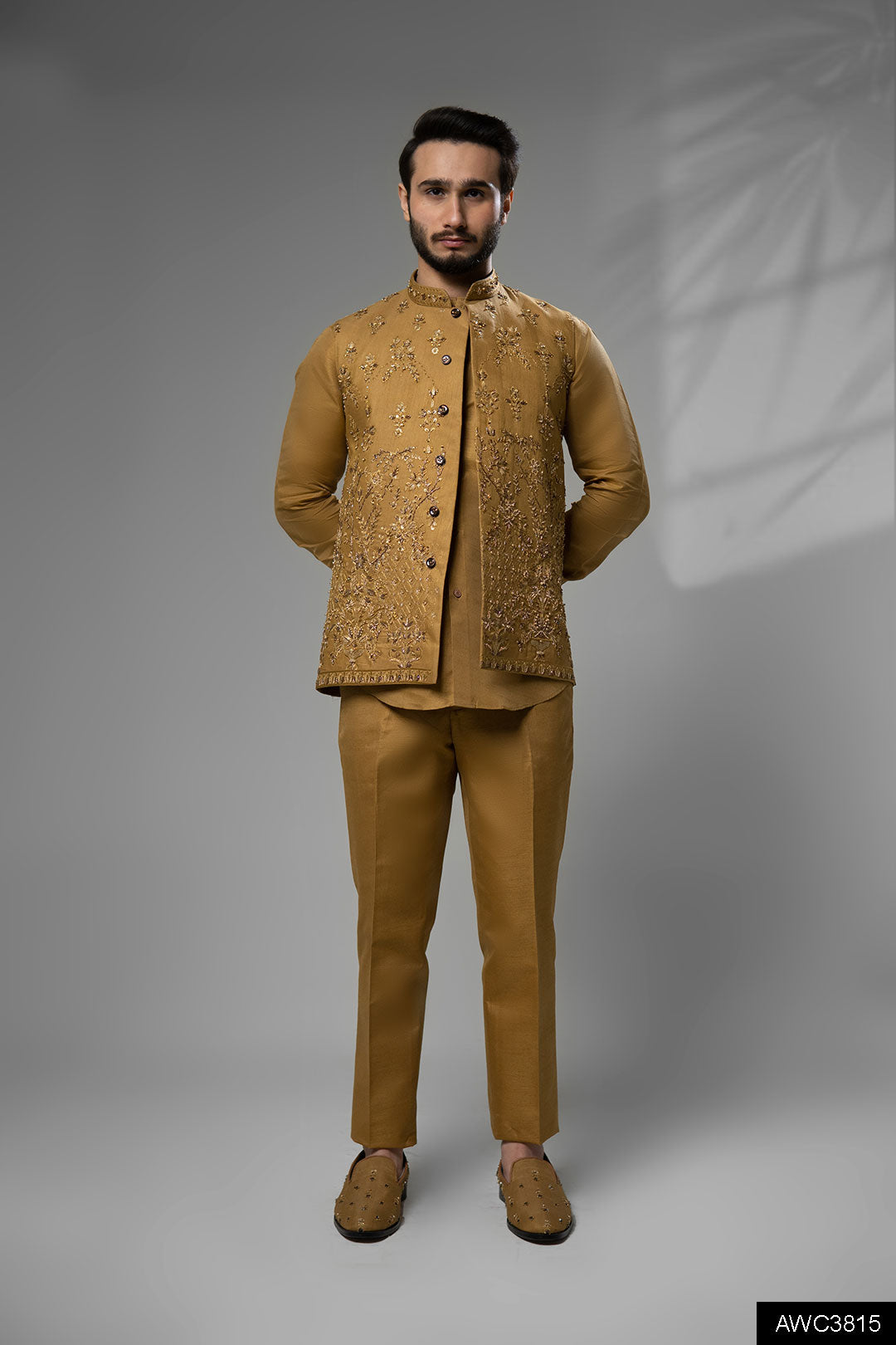 Rust Gold Hand-Embellished Brocade Waistcoat Kurta (3-Piece) - Image 5