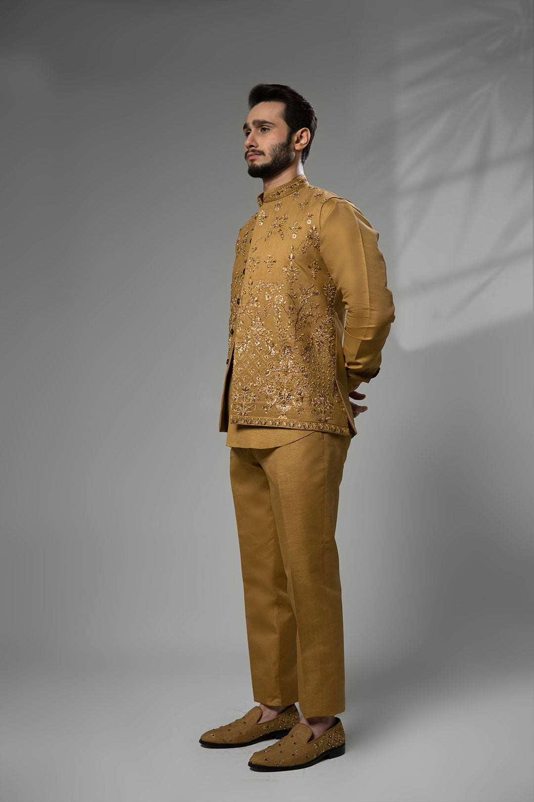 Rust Gold Hand-Embellished Brocade Waistcoat Kurta (3-Piece) - Image 7