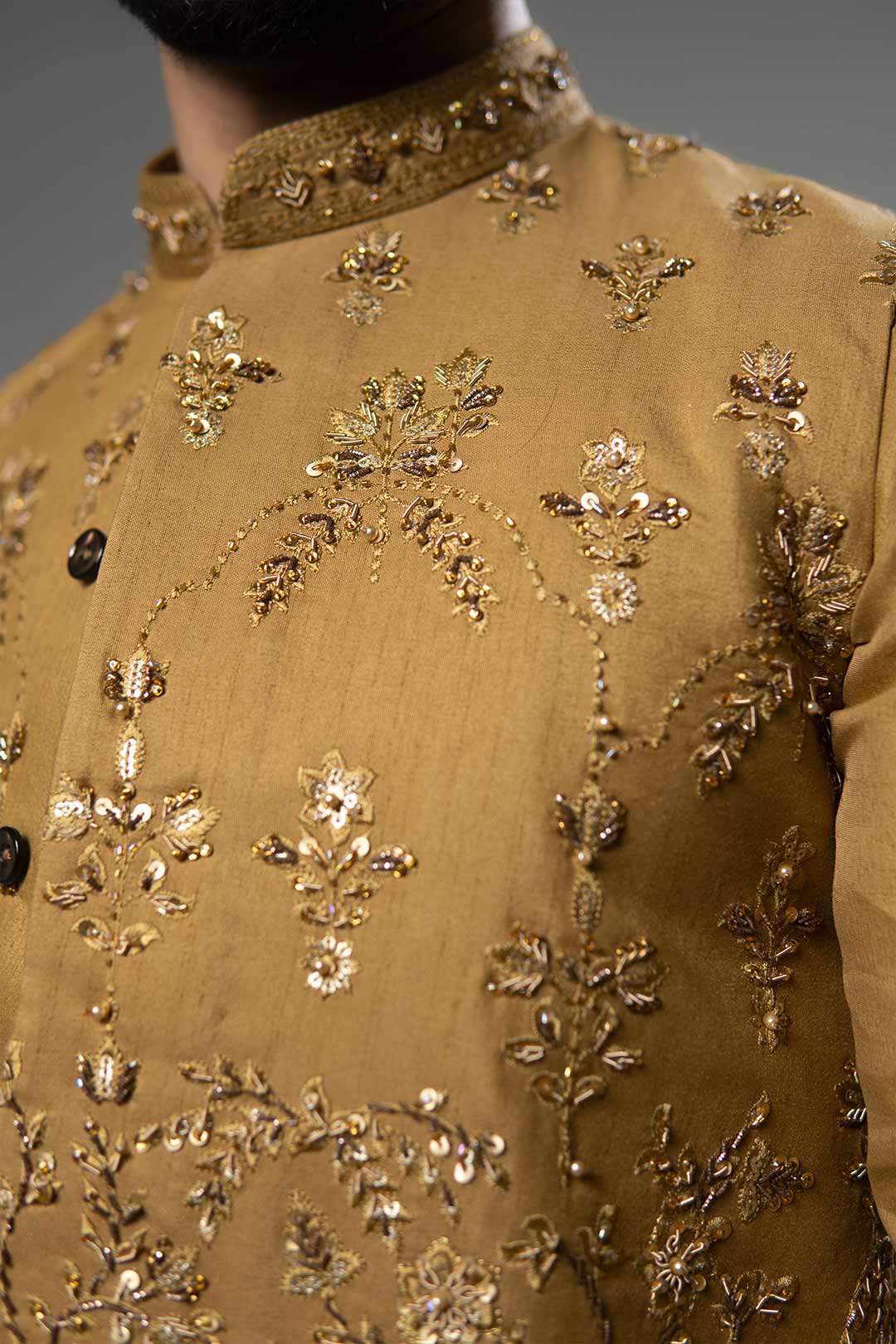 Rust Gold Hand-Embellished Brocade Waistcoat Kurta (3-Piece) - Image 8