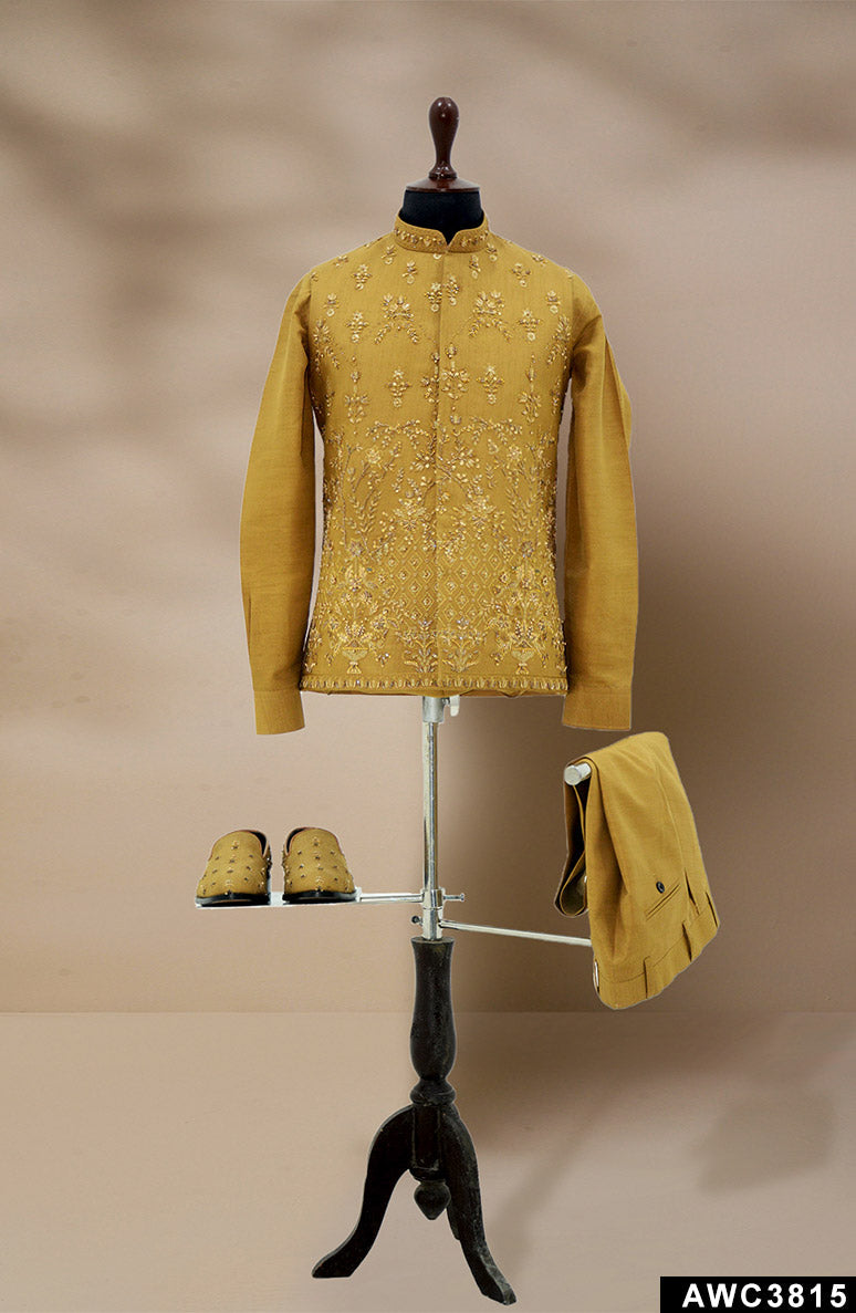 Rust Gold Hand-Embellished Brocade Waistcoat Kurta (3-Piece) - Image 10